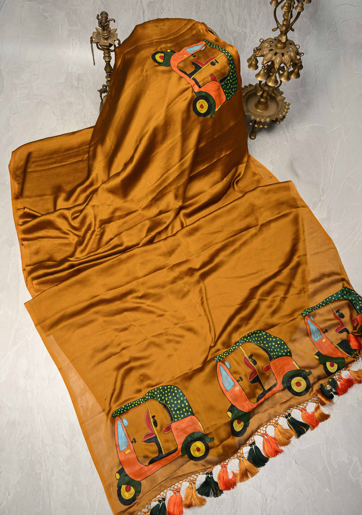 Ochre Chiffon Saree with Auto Rickshaw Hand Painted on Pallu , No Blouse Piece