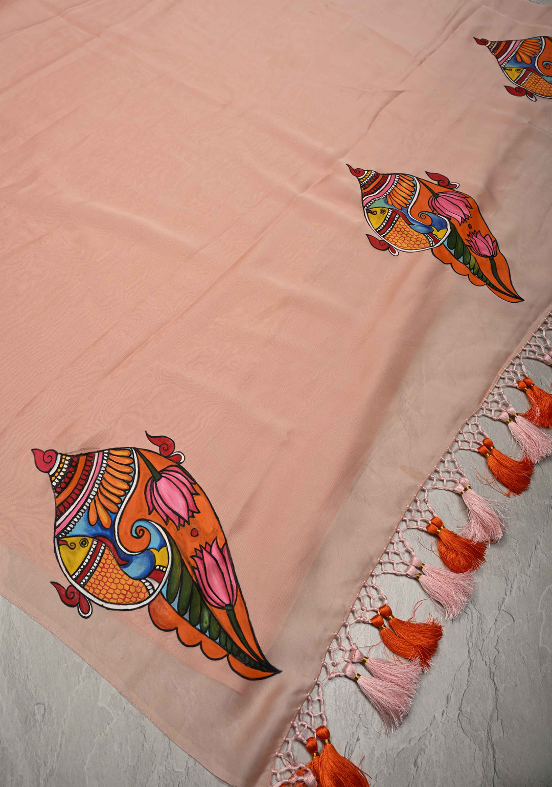 Blush Pink Chiffon Saree with Conch Shell Hand Painted , No Blouse Piece