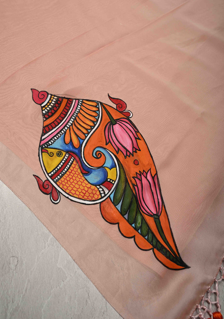 Blush Pink Chiffon Saree with Conch Shell Hand Painted , No Blouse Piece