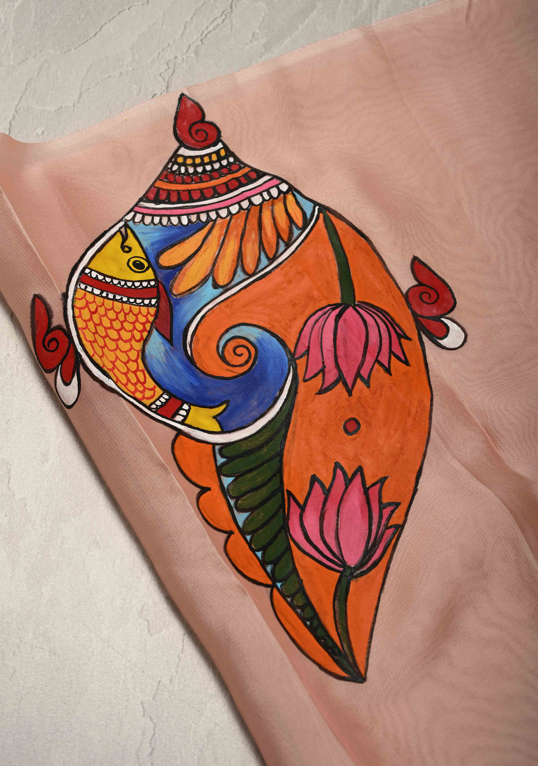 Blush Pink Chiffon Saree with Conch Shell Hand Painted , No Blouse Piece