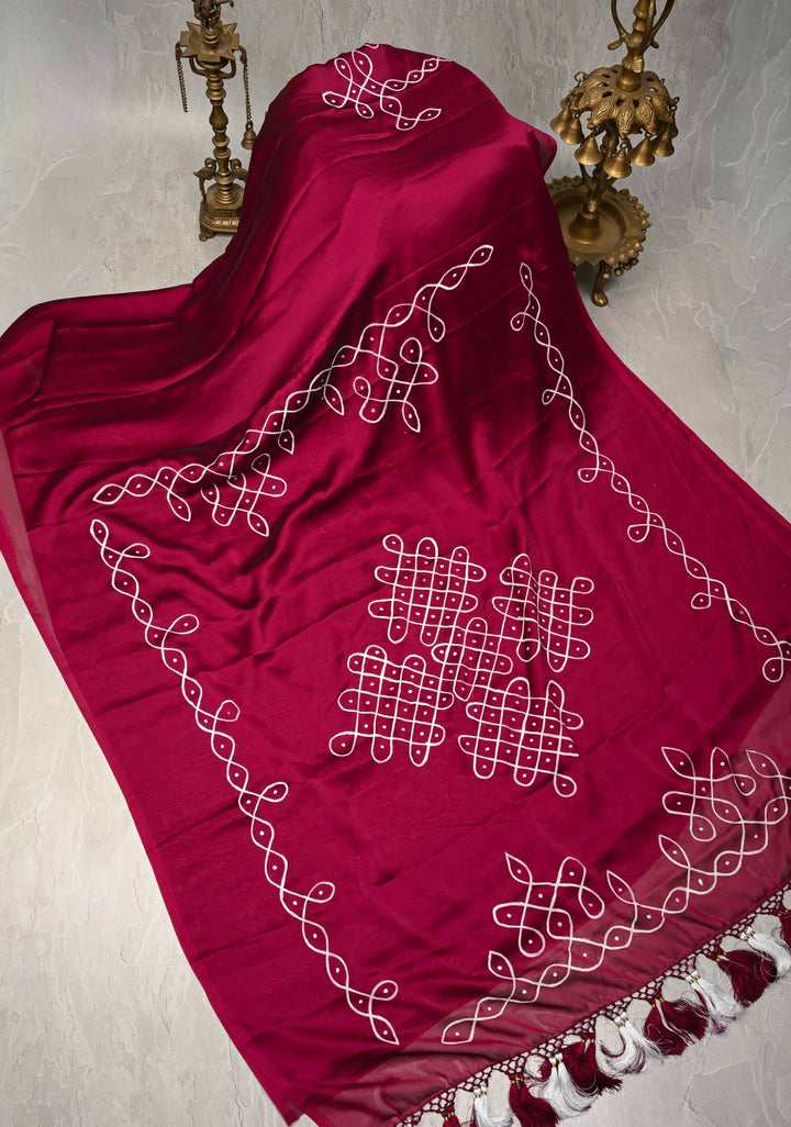 Magenta Georgette Saree with Rangoli Design Hand Painting on Pallu, No Blouse Piece
