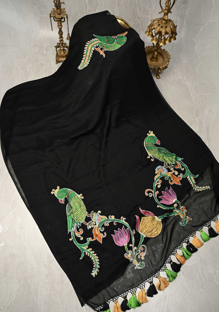 Black Georgette Saree with Peacock Hand Painting on Pallu, No Blouse Piece