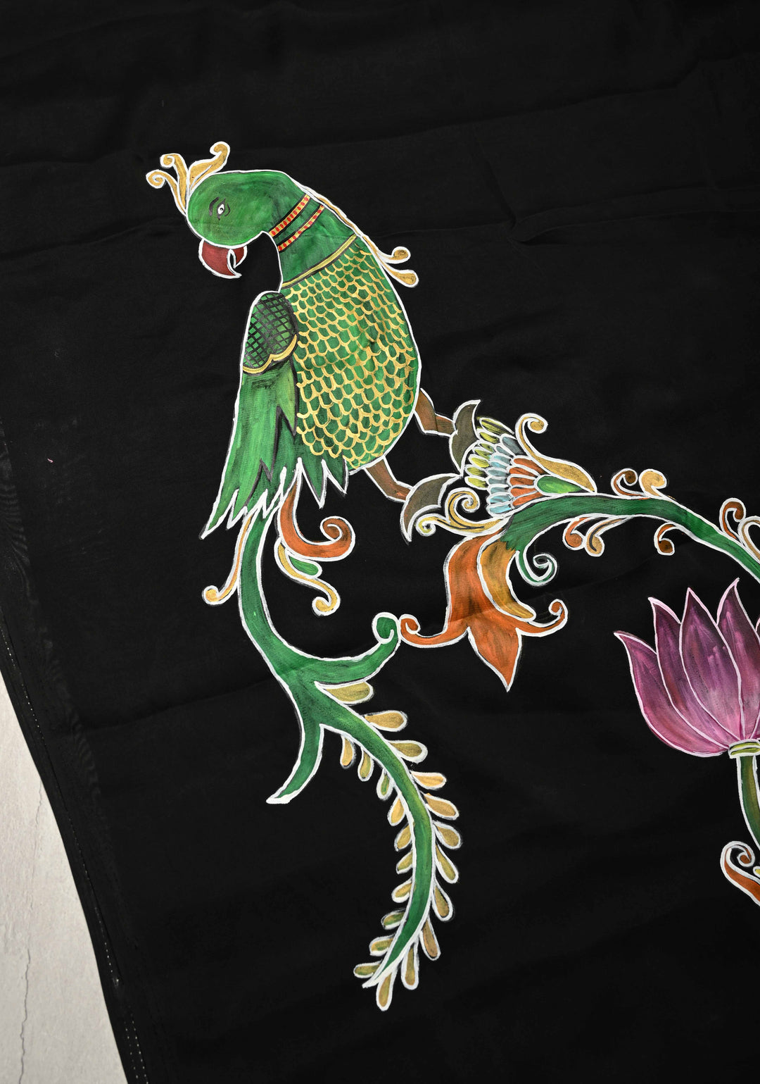 Black Georgette Saree with Peacock Hand Painting on Pallu, No Blouse Piece