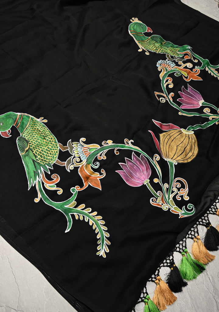 Black Georgette Saree with Peacock Hand Painting on Pallu, No Blouse Piece