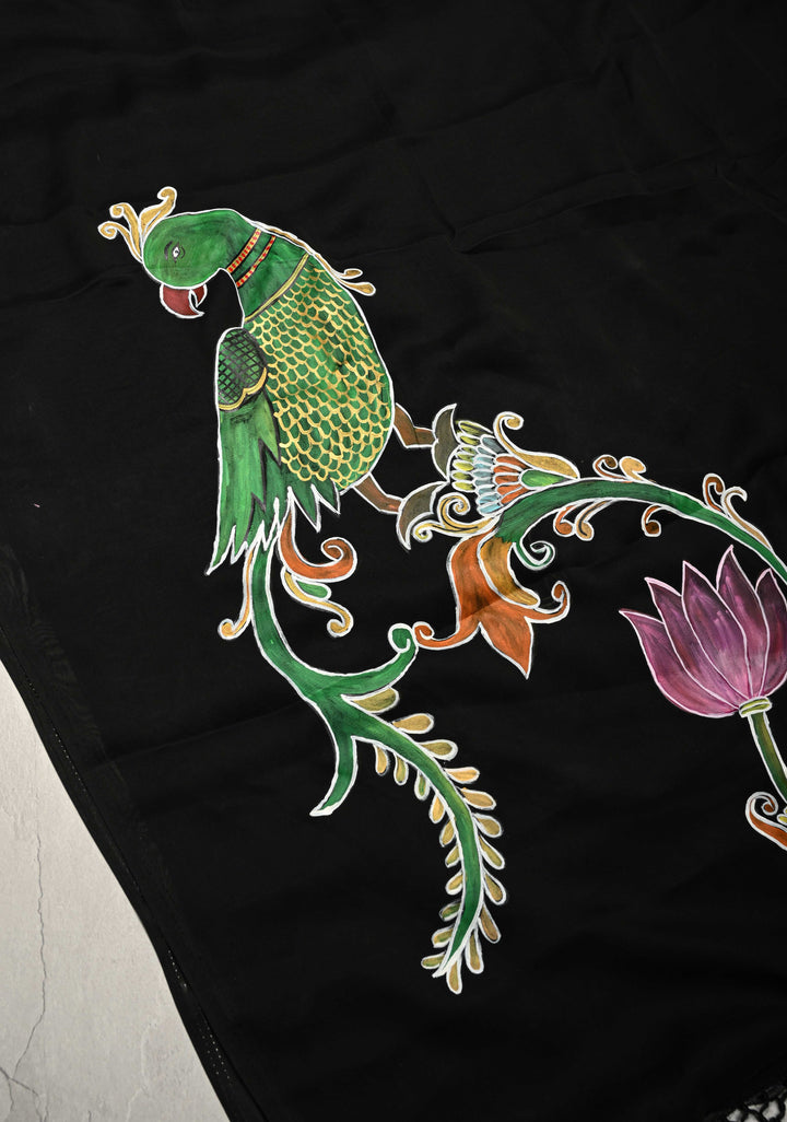 Black Georgette Saree with Peacock Hand Painting on Pallu, No Blouse Piece