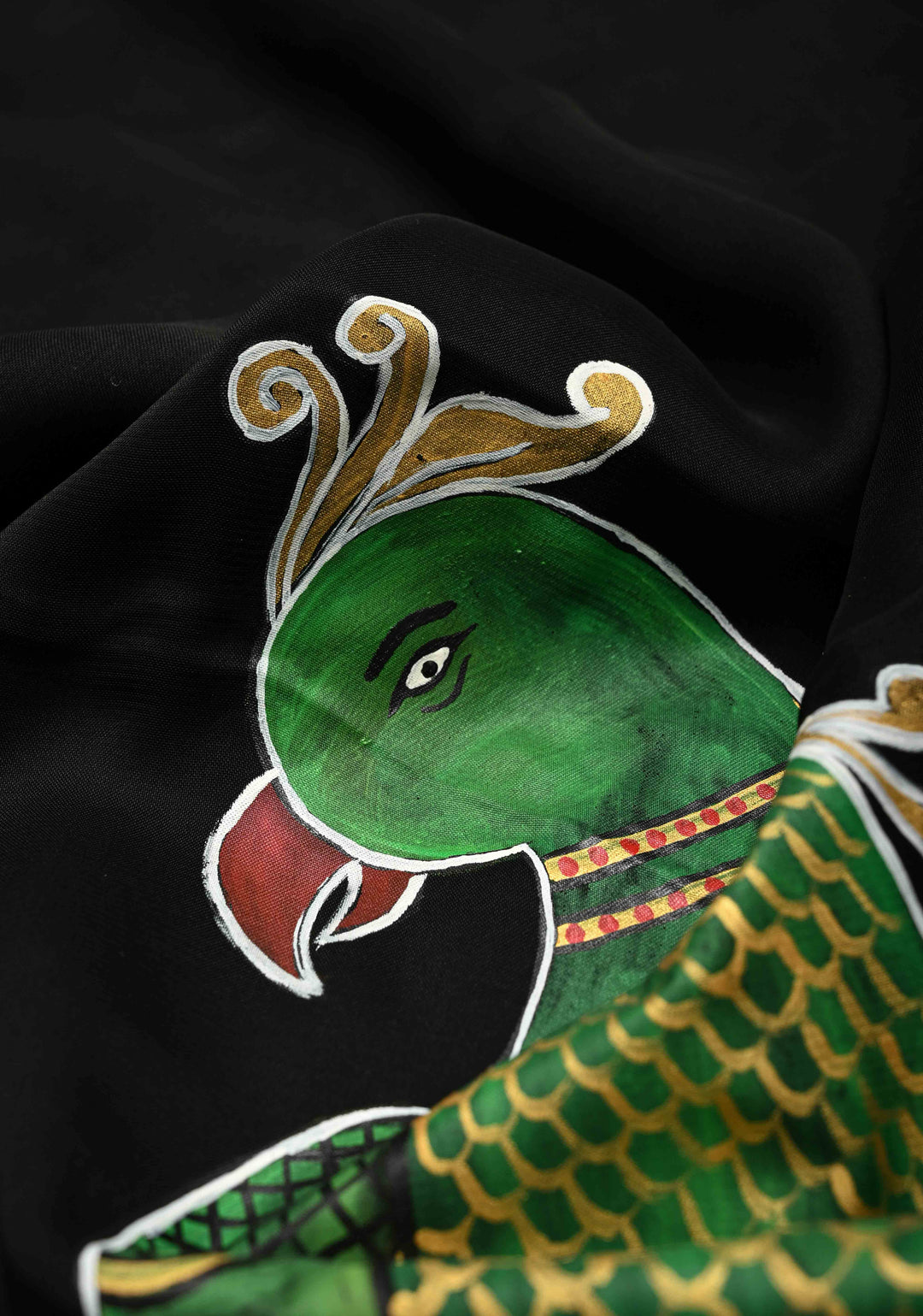 Black Georgette Saree with Peacock Hand Painting on Pallu, No Blouse Piece