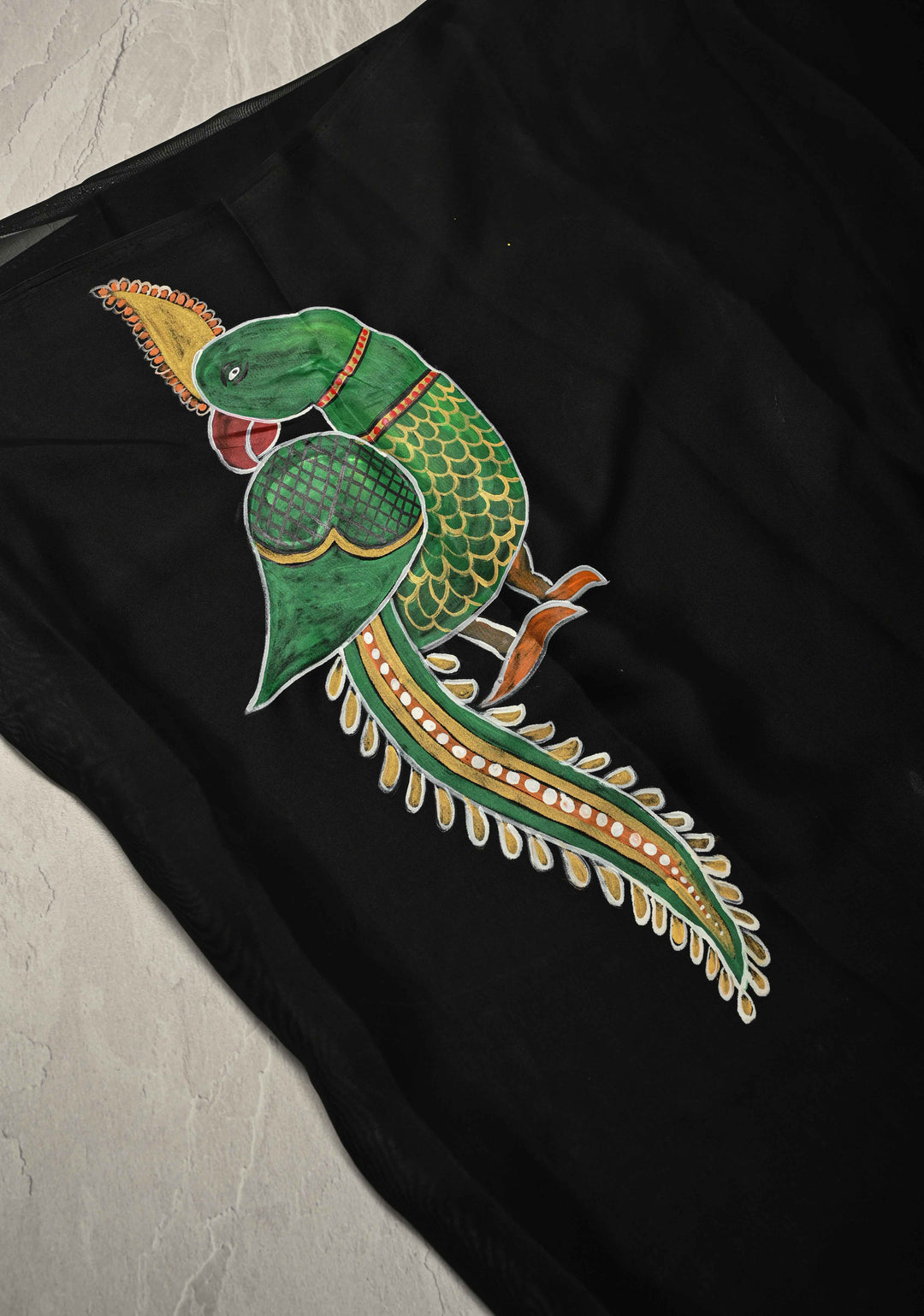 Black Georgette Saree with Peacock Hand Painting on Pallu, No Blouse Piece