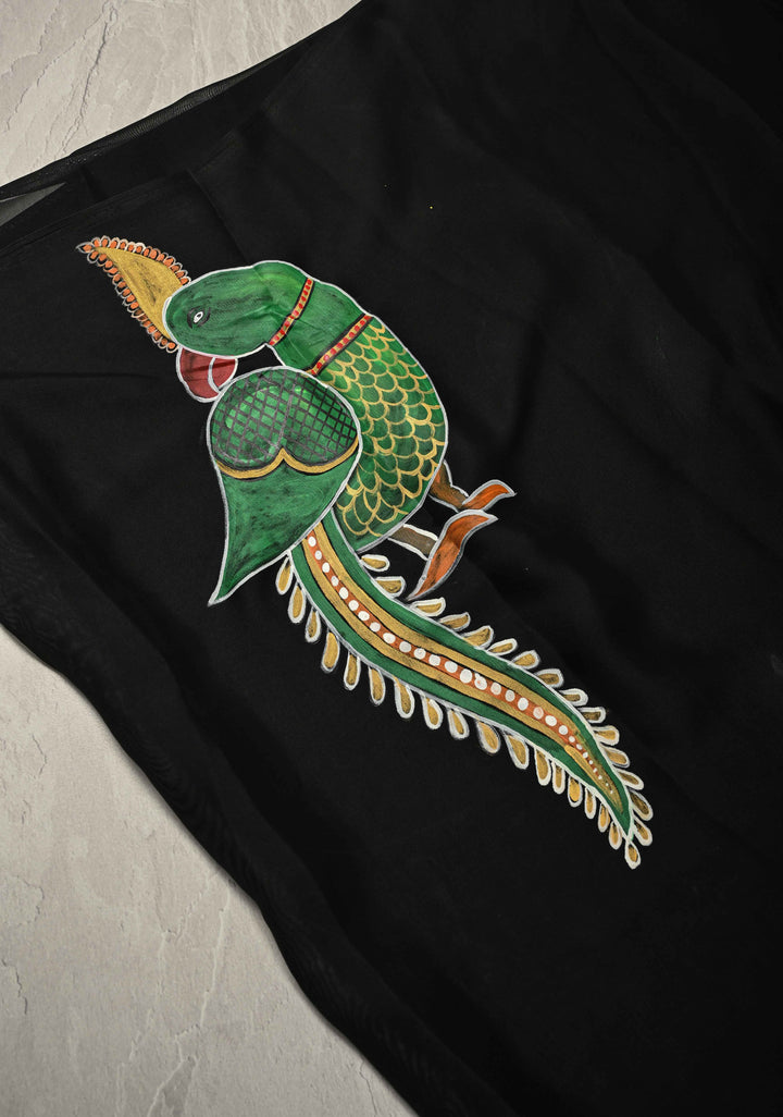 Black Georgette Saree with Peacock Hand Painting on Pallu, No Blouse Piece