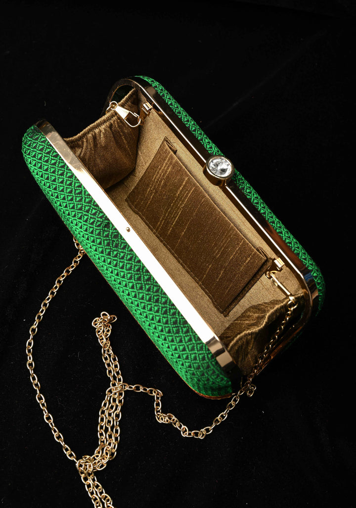 Clutch : Green Khana Silk Clutch with Zari Border
