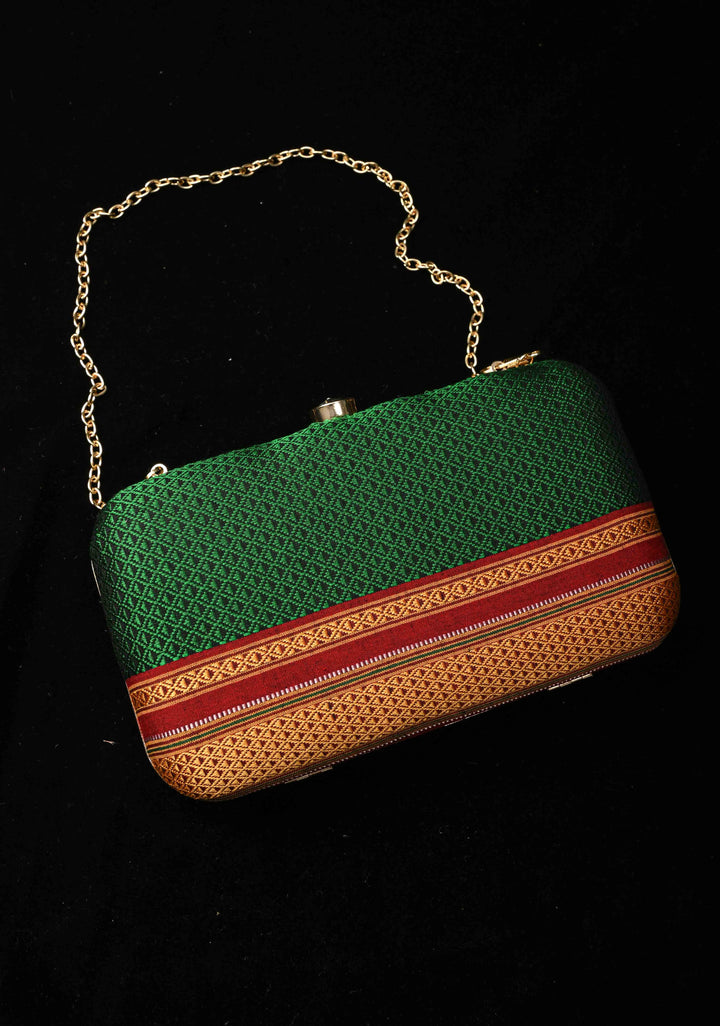 Clutch : Green Khana Silk Clutch with Zari Border
