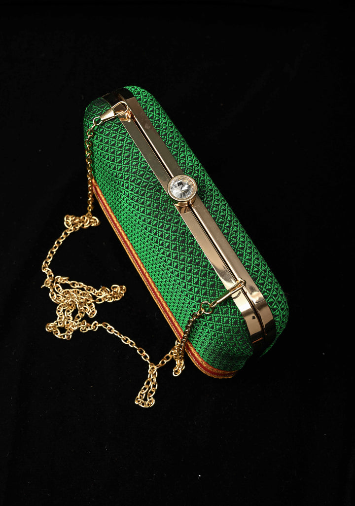 Clutch : Green Khana Silk Clutch with Zari Border