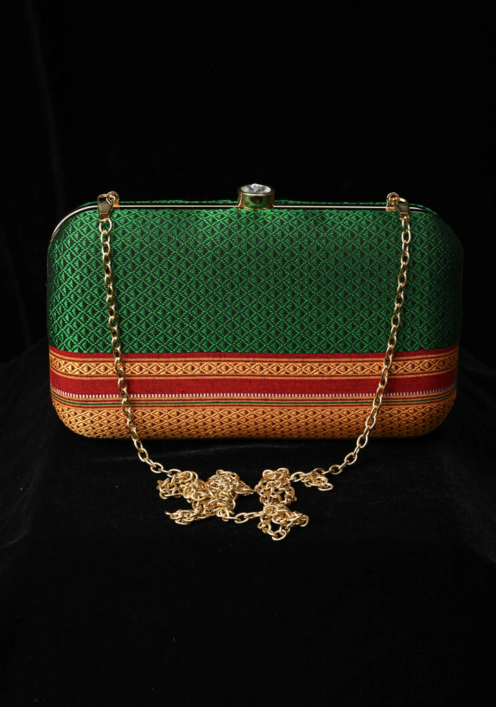 Clutch : Green Khana Silk Clutch with Zari Border
