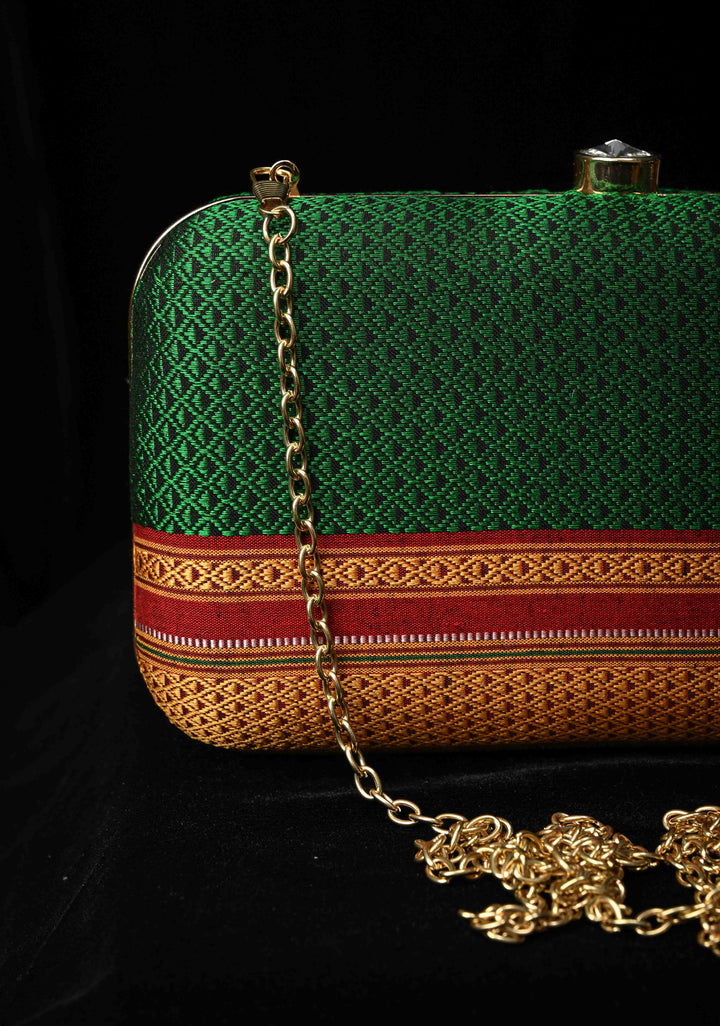 Clutch : Green Khana Silk Clutch with Zari Border
