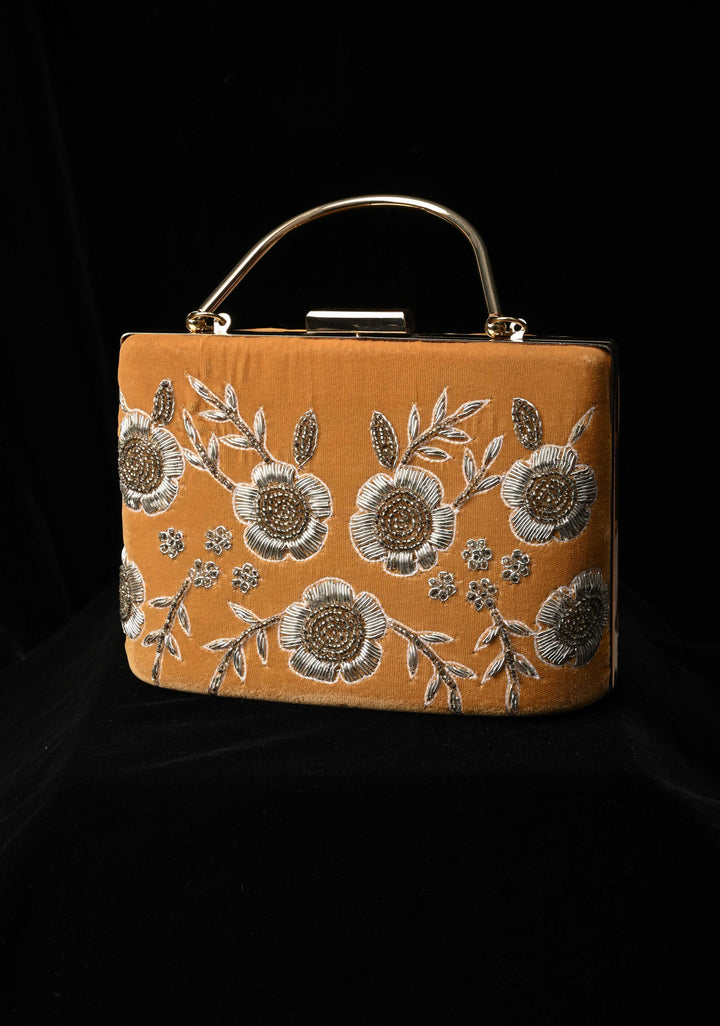 Clutch : Golden Gilded Garden Clutch with Cutdana and Zardozi Detailing