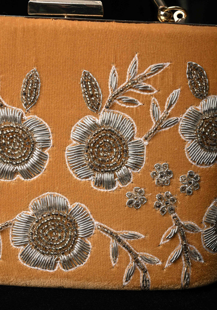 Clutch : Golden Gilded Garden Clutch with Cutdana and Zardozi Detailing