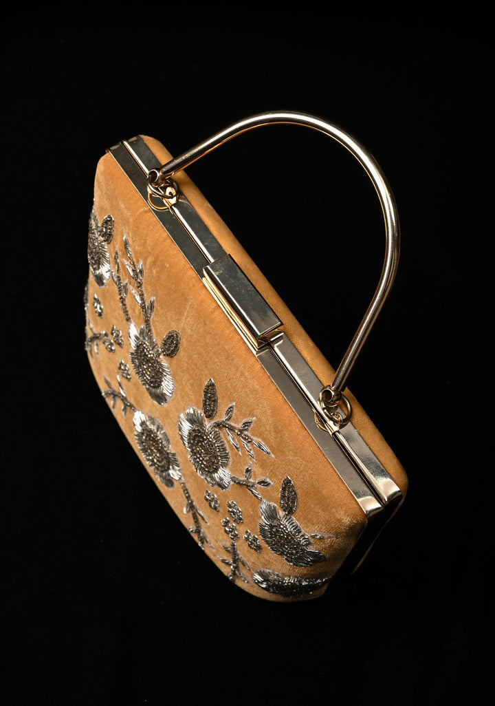 Clutch : Golden Gilded Garden Clutch with Cutdana and Zardozi Detailing