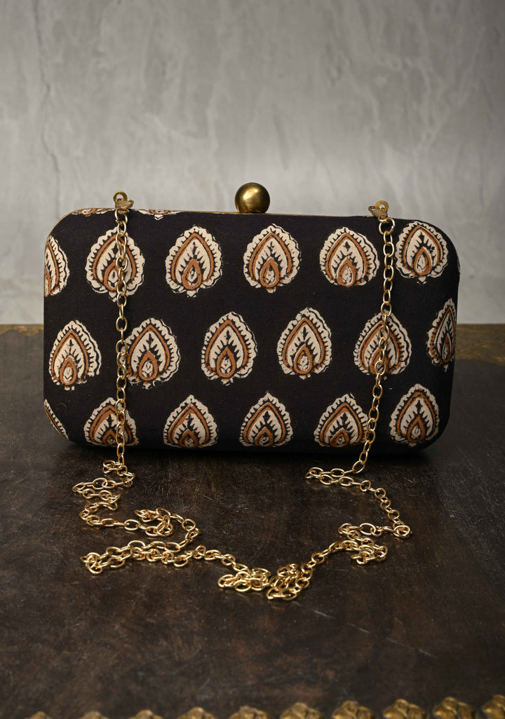 Clutch : Black Hand block Print 2 in 1 Clutch