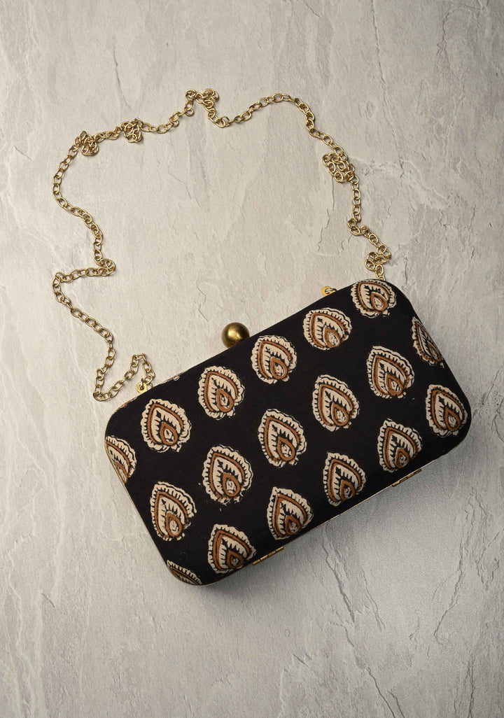 Clutch : Black Hand block Print 2 in 1 Clutch