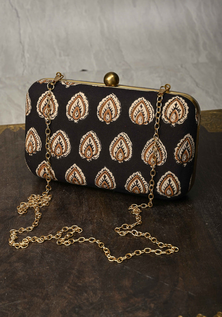 Clutch : Black Hand block Print 2 in 1 Clutch