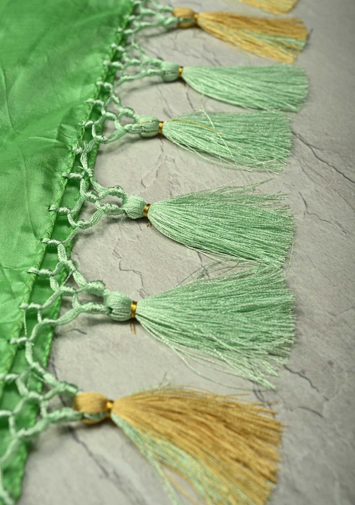 Pista Green Sequins, Cutdana, Moti work on Katan Silk Saree with Chunri Buttis and Zari Border | SILK MARK CERTIFIED