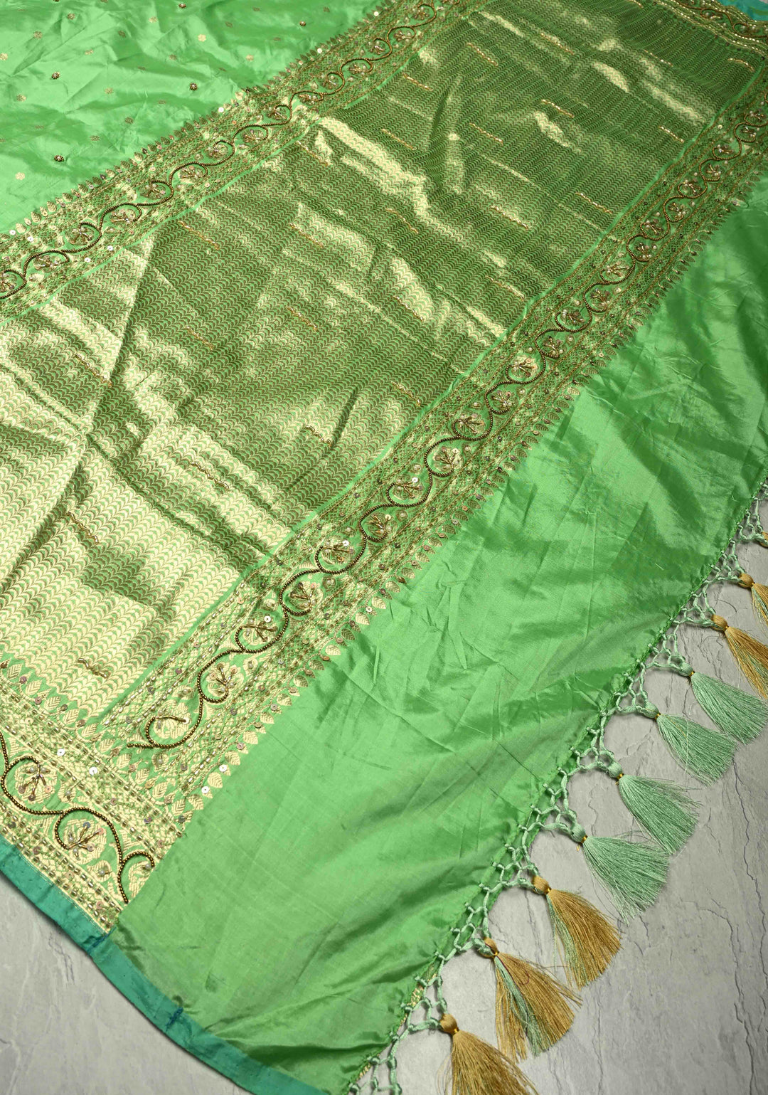Pista Green Sequins, Cutdana, Moti work on Katan Silk Saree with Chunri Buttis and Zari Border | SILK MARK CERTIFIED