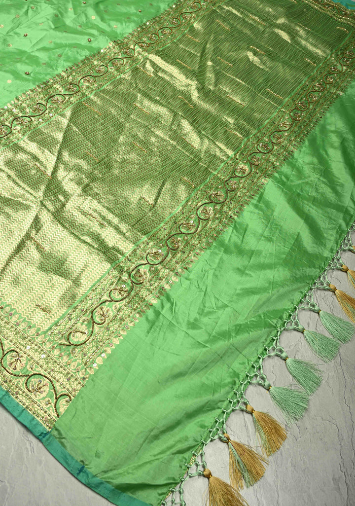 Pista Green Sequins, Cutdana, Moti work on Katan Silk Saree with Chunri Buttis and Zari Border | SILK MARK CERTIFIED