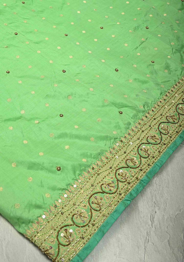 Pista Green Sequins, Cutdana, Moti work on Katan Silk Saree with Chunri Buttis and Zari Border | SILK MARK CERTIFIED