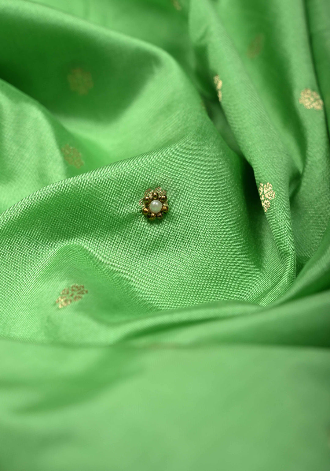 Pista Green Sequins, Cutdana, Moti work on Katan Silk Saree with Chunri Buttis and Zari Border | SILK MARK CERTIFIED
