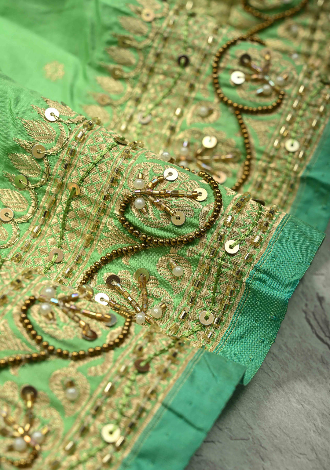 Pista Green Sequins, Cutdana, Moti work on Katan Silk Saree with Chunri Buttis and Zari Border | SILK MARK CERTIFIED