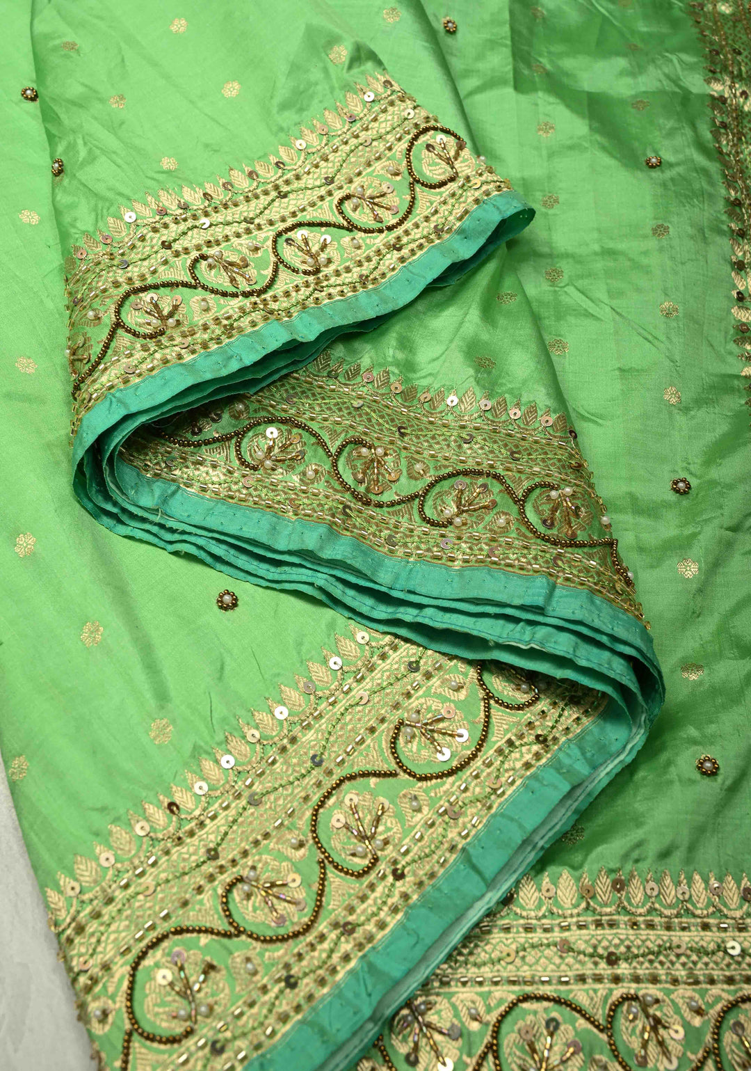 Pista Green Sequins, Cutdana, Moti work on Katan Silk Saree with Chunri Buttis and Zari Border | SILK MARK CERTIFIED