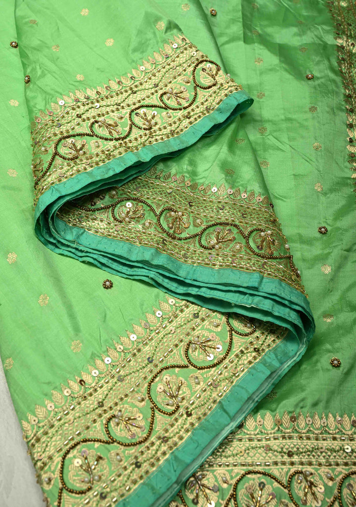 Pista Green Sequins, Cutdana, Moti work on Katan Silk Saree with Chunri Buttis and Zari Border | SILK MARK CERTIFIED
