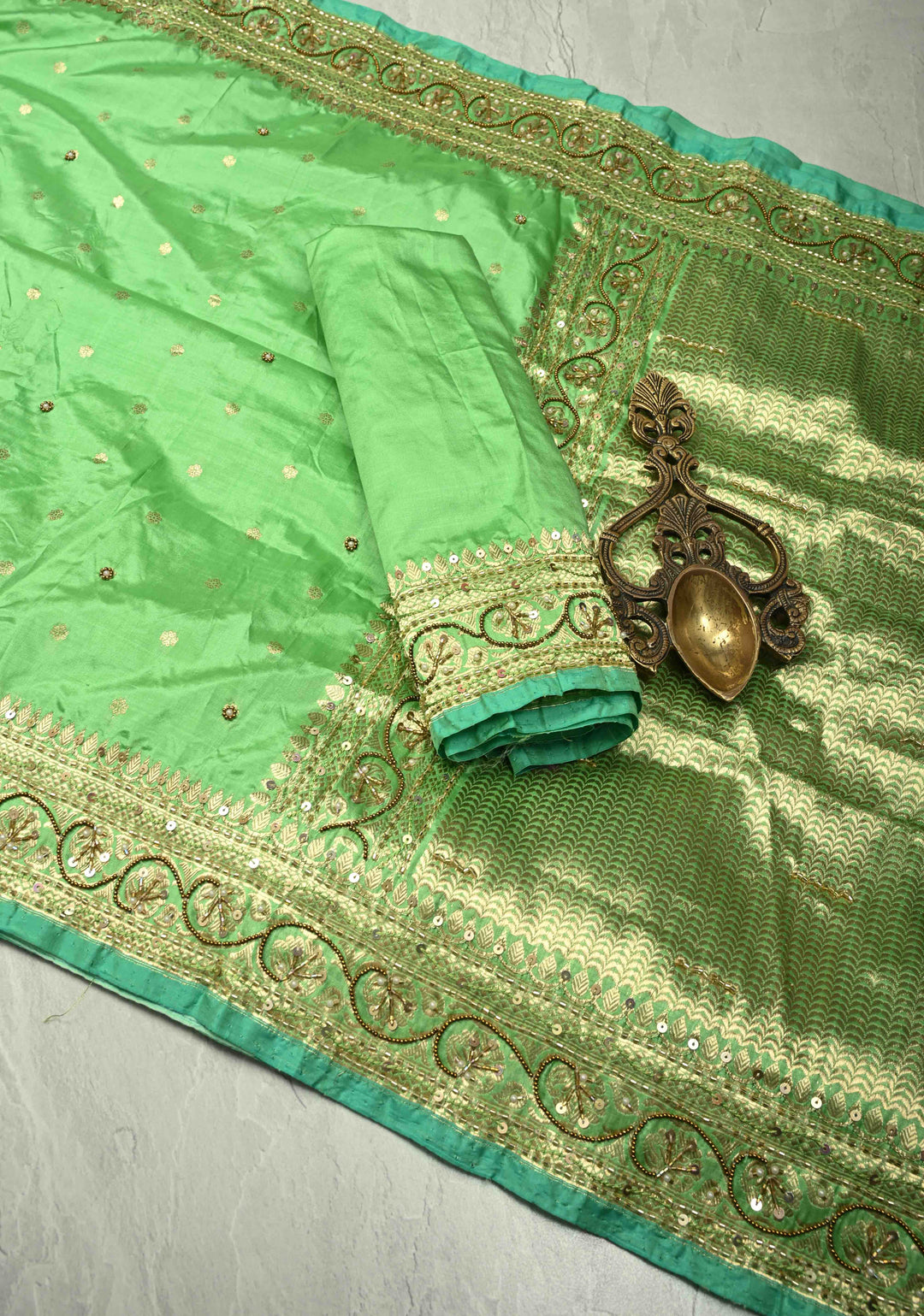 Pista Green Sequins, Cutdana, Moti work on Katan Silk Saree with Chunri Buttis and Zari Border | SILK MARK CERTIFIED