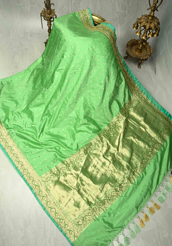 Pista Green Sequins, Cutdana, Moti work on Katan Silk Saree with Chunri Buttis and Zari Border | SILK MARK CERTIFIED