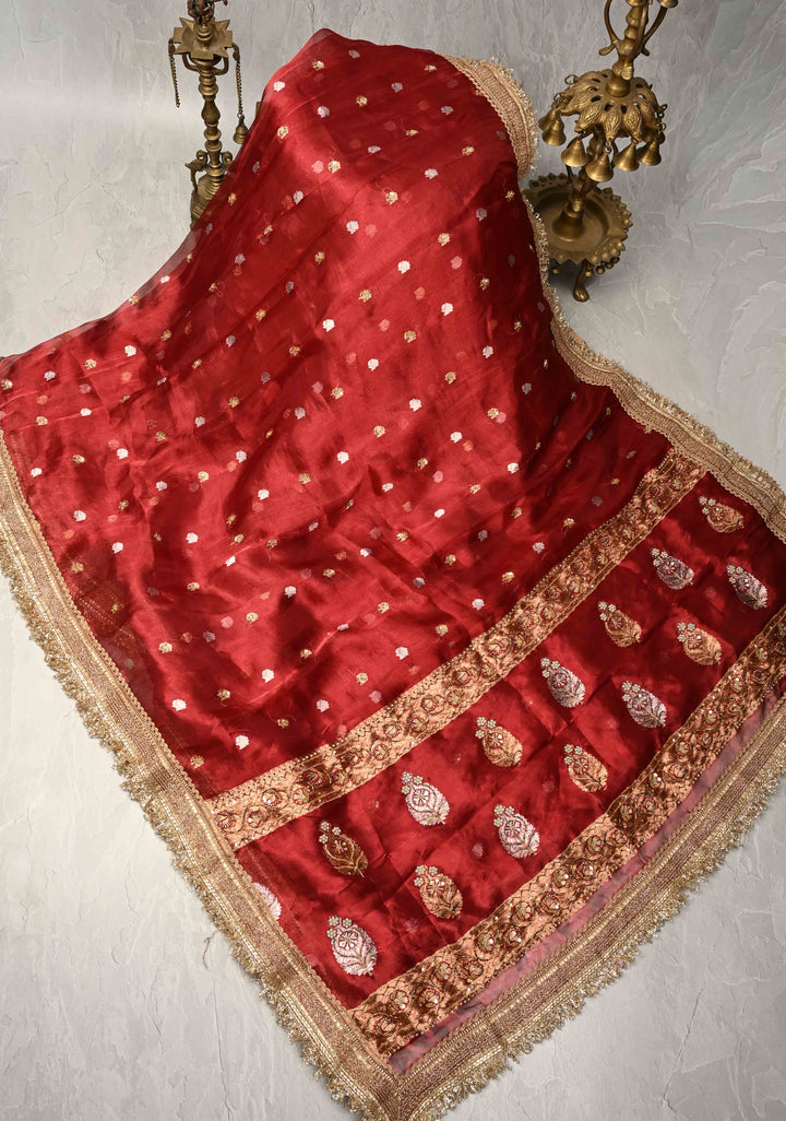 Maroon Organza Silk Saree with sequins -Cutdana Zari Buttas and Fancy Lace Trim Border | SILK MARK CERTIFIED