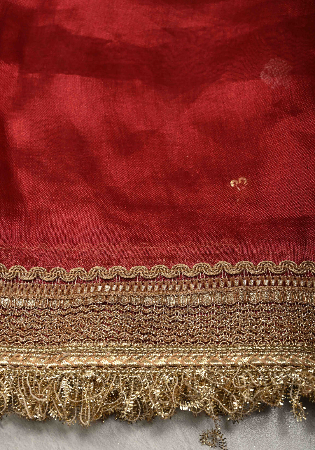 Maroon Organza Silk Saree with sequins -Cutdana Zari Buttas and Fancy Lace Trim Border | SILK MARK CERTIFIED