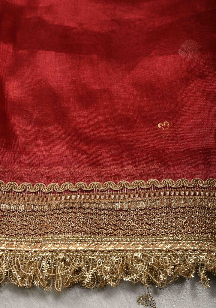 Maroon Organza Silk Saree with sequins -Cutdana Zari Buttas and Fancy Lace Trim Border | SILK MARK CERTIFIED