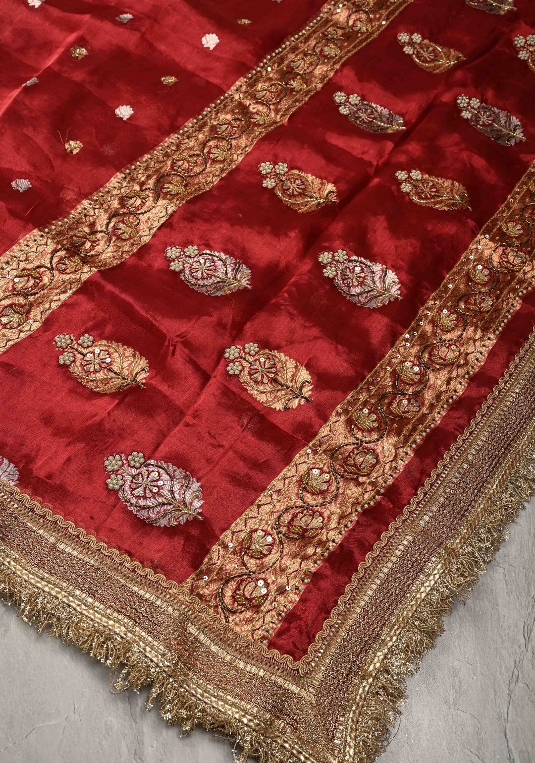 Maroon Organza Silk Saree with sequins -Cutdana Zari Buttas and Fancy Lace Trim Border | SILK MARK CERTIFIED