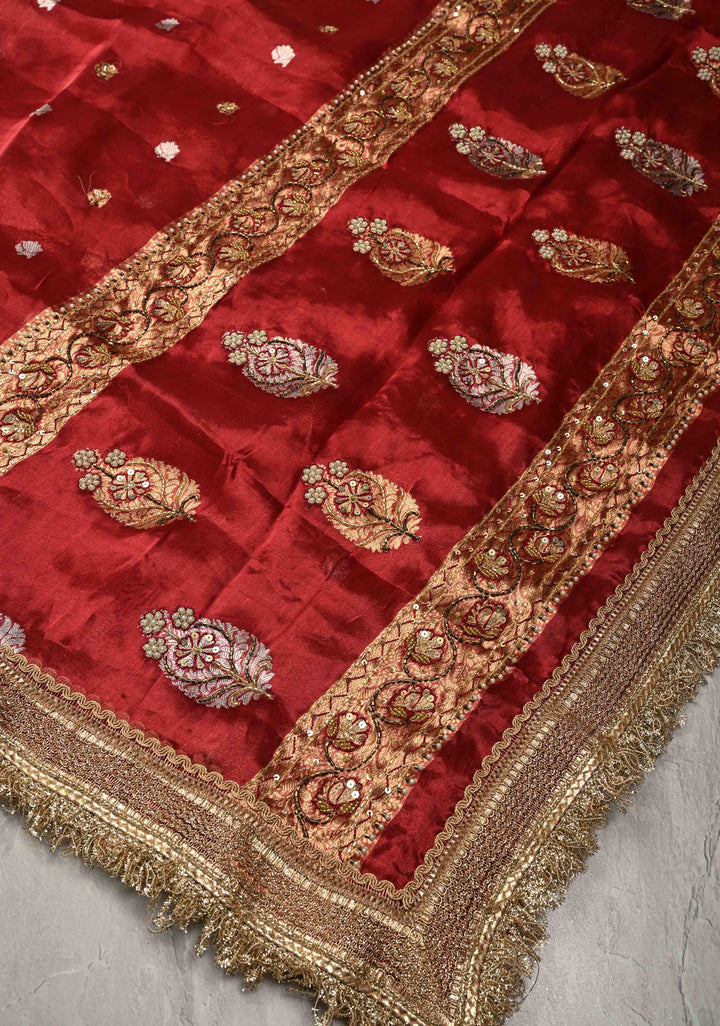 Maroon Organza Silk Saree with sequins -Cutdana Zari Buttas and Fancy Lace Trim Border | SILK MARK CERTIFIED