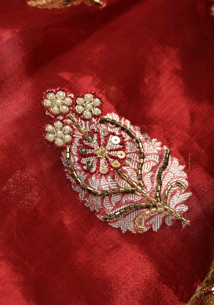 Maroon Organza Silk Saree with sequins -Cutdana Zari Buttas and Fancy Lace Trim Border | SILK MARK CERTIFIED