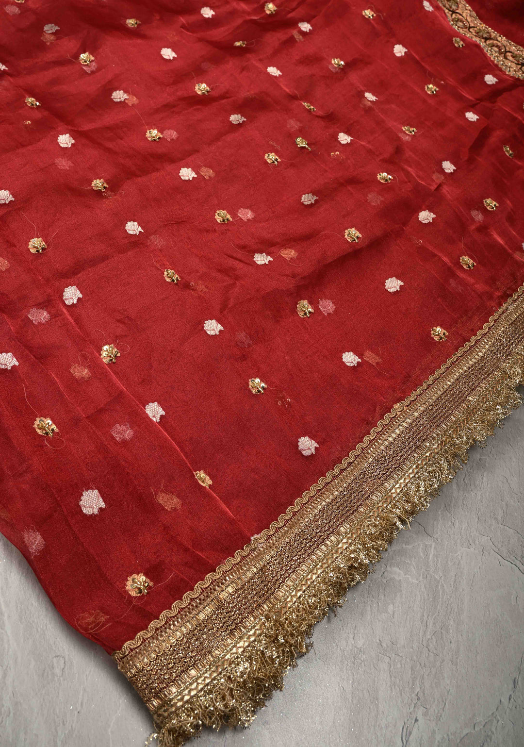 Maroon Organza Silk Saree with sequins -Cutdana Zari Buttas and Fancy Lace Trim Border | SILK MARK CERTIFIED