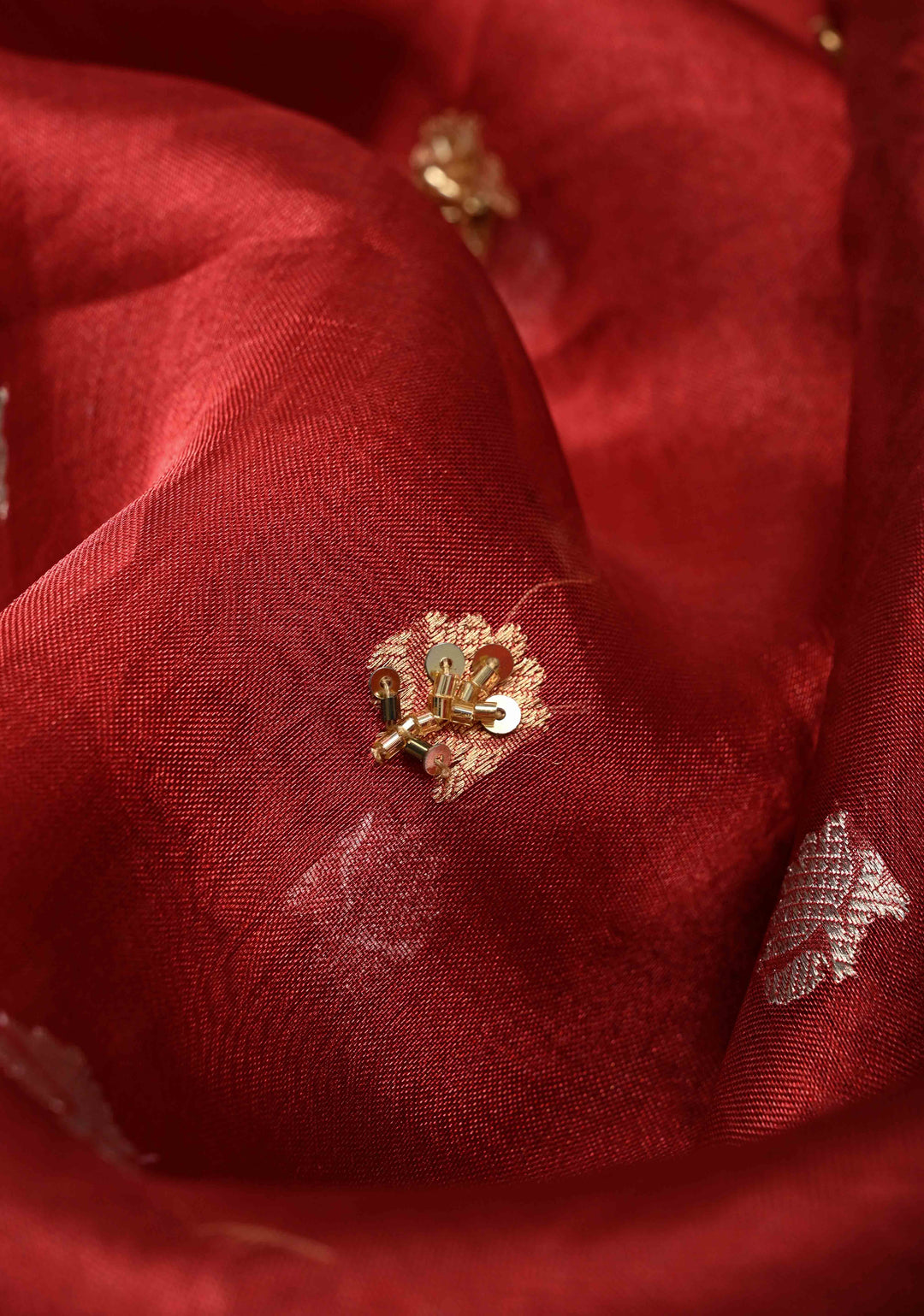 Maroon Organza Silk Saree with sequins -Cutdana Zari Buttas and Fancy Lace Trim Border | SILK MARK CERTIFIED