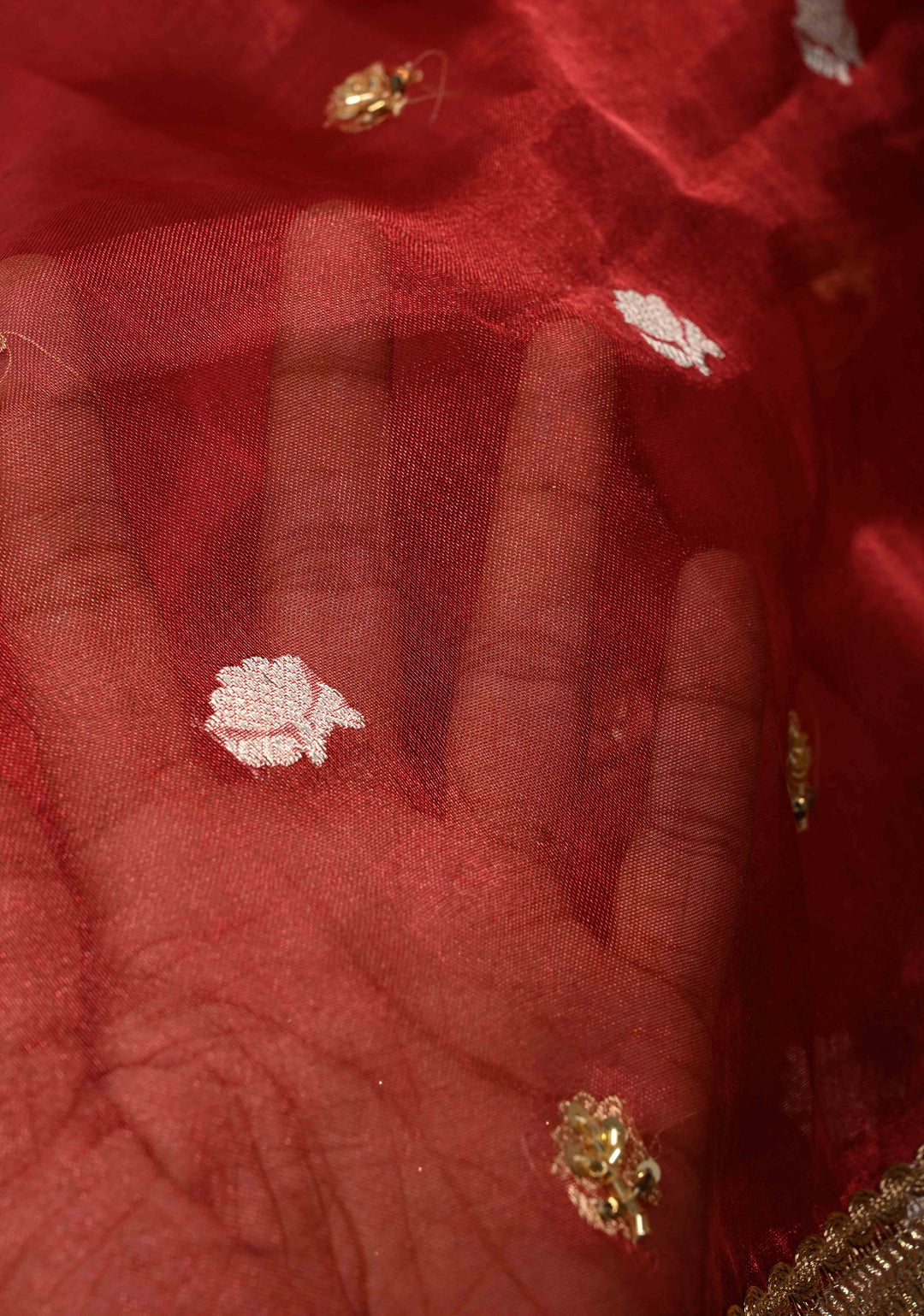 Maroon Organza Silk Saree with sequins -Cutdana Zari Buttas and Fancy Lace Trim Border | SILK MARK CERTIFIED