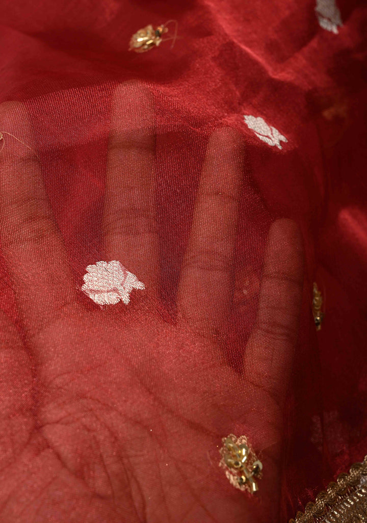 Maroon Organza Silk Saree with sequins -Cutdana Zari Buttas and Fancy Lace Trim Border | SILK MARK CERTIFIED