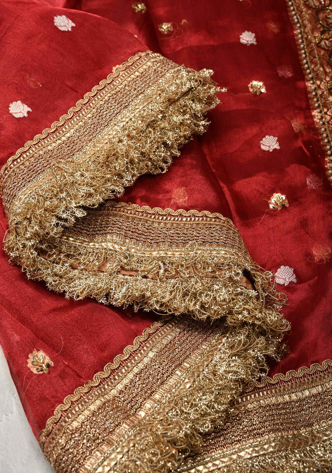 Maroon Organza Silk Saree with sequins -Cutdana Zari Buttas and Fancy Lace Trim Border | SILK MARK CERTIFIED