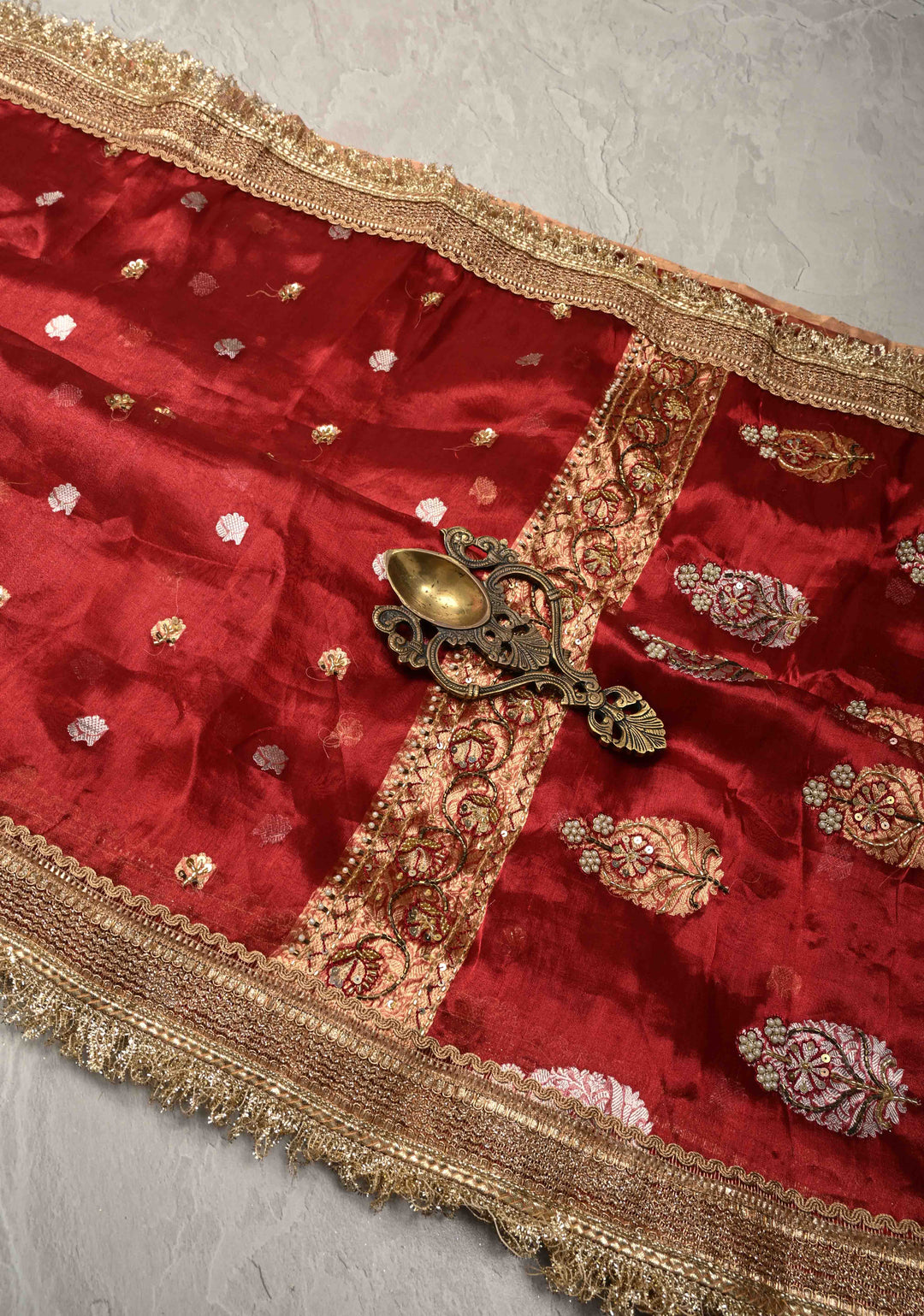 Maroon Organza Silk Saree with sequins -Cutdana Zari Buttas and Fancy Lace Trim Border | SILK MARK CERTIFIED