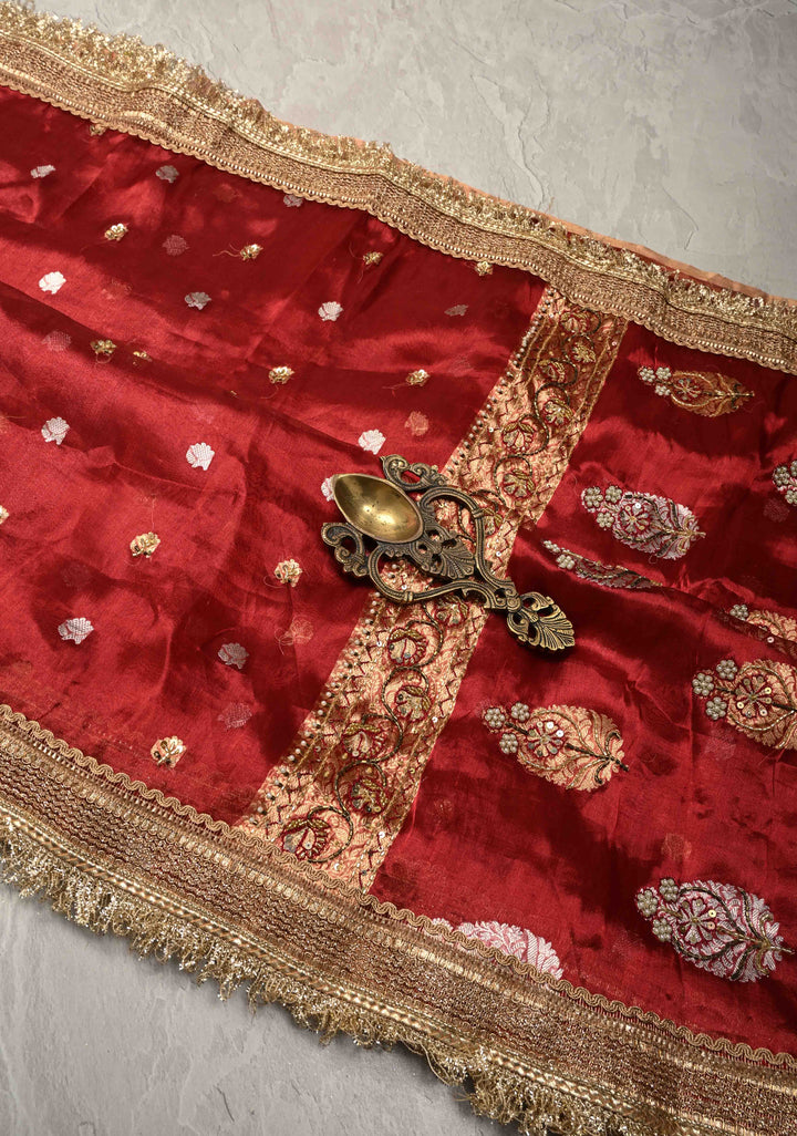 Maroon Organza Silk Saree with sequins -Cutdana Zari Buttas and Fancy Lace Trim Border | SILK MARK CERTIFIED