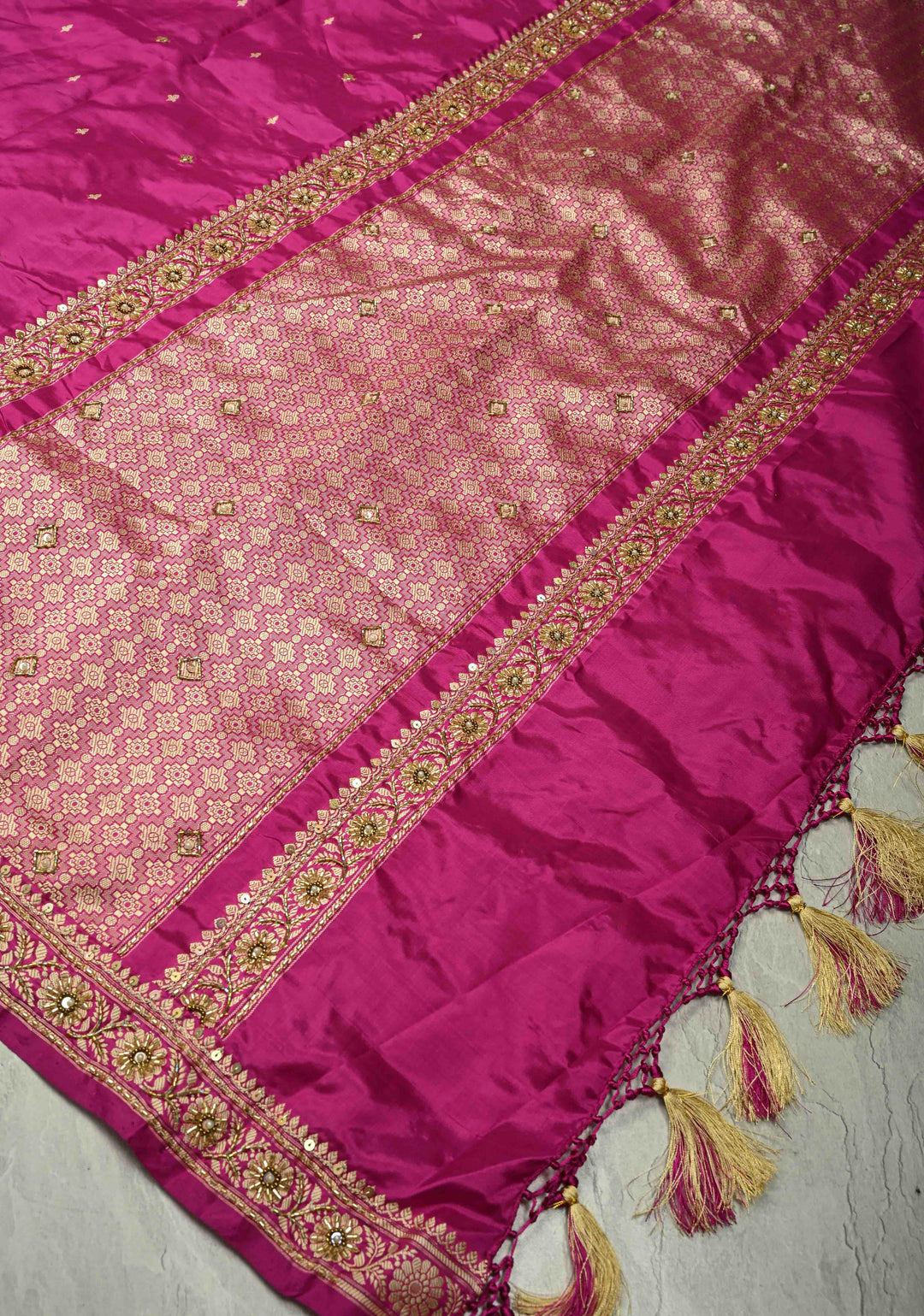Orchid Berry Sequins, Cutdana, Moti work on Katan Silk Saree with Resham Buttis | SILK MARK CERTIFIED