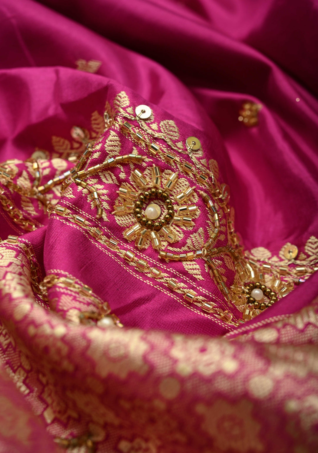 Orchid Berry Sequins, Cutdana, Moti work on Katan Silk Saree with Resham Buttis | SILK MARK CERTIFIED