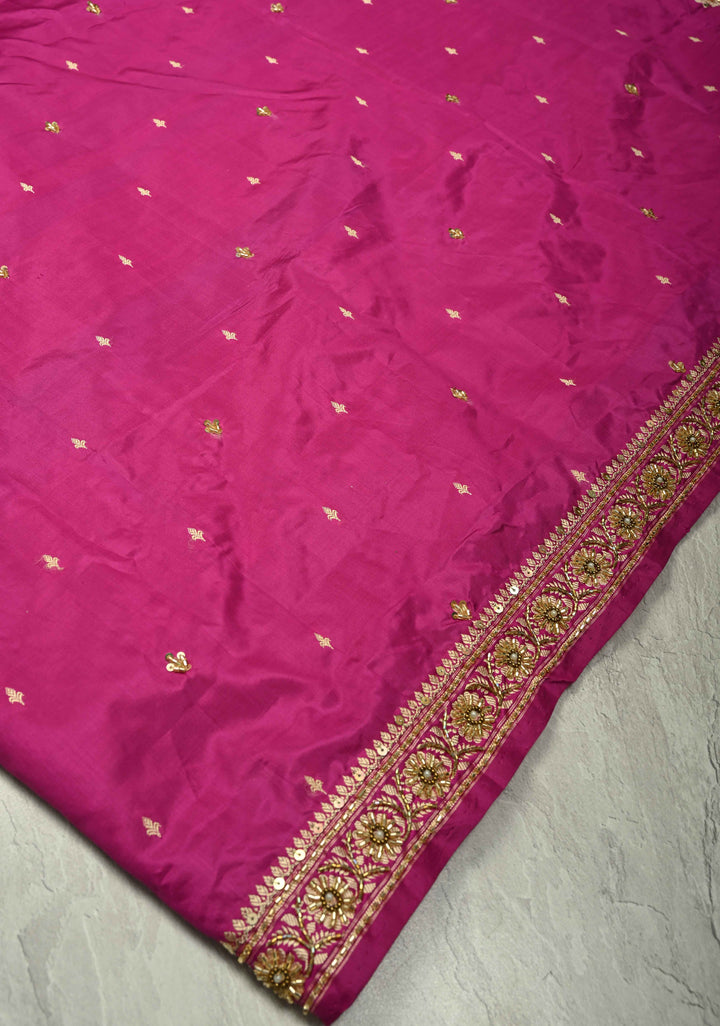Orchid Berry Sequins, Cutdana, Moti work on Katan Silk Saree with Resham Buttis | SILK MARK CERTIFIED