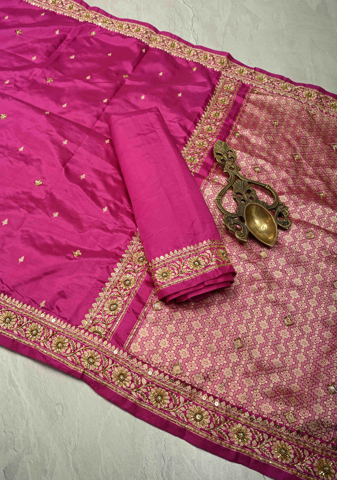 Orchid Berry Sequins, Cutdana, Moti work on Katan Silk Saree with Resham Buttis | SILK MARK CERTIFIED